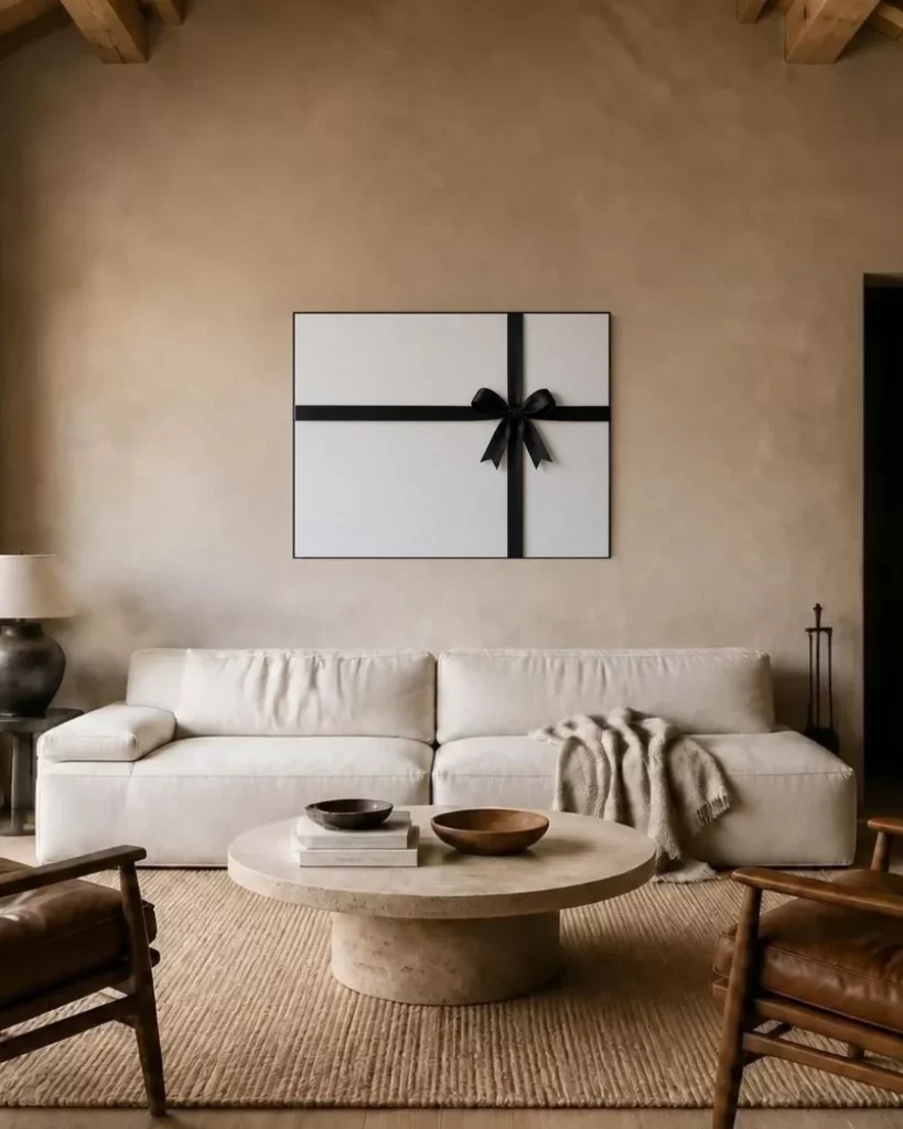 Carte cadeau : une toile blanche nouée d’un ruban noir, au-dessus du canapé d’un salon