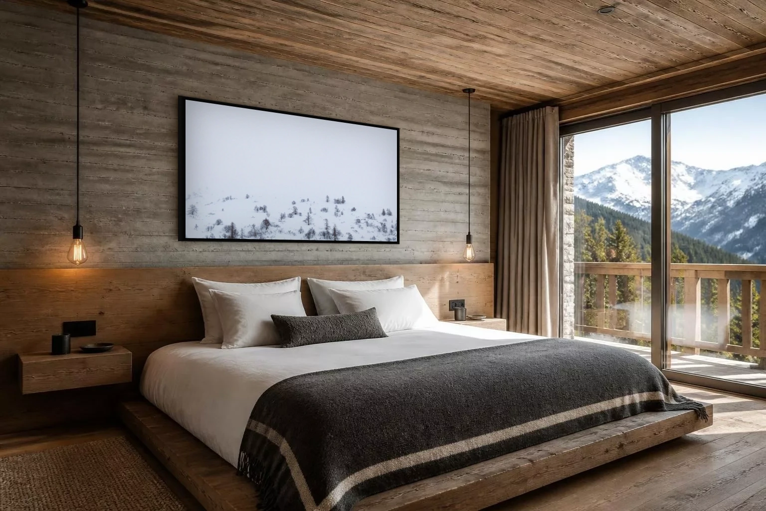 Chambre d’hôtel en bois et béton, tirage « Écrins » au-dessus du lit (simulation)