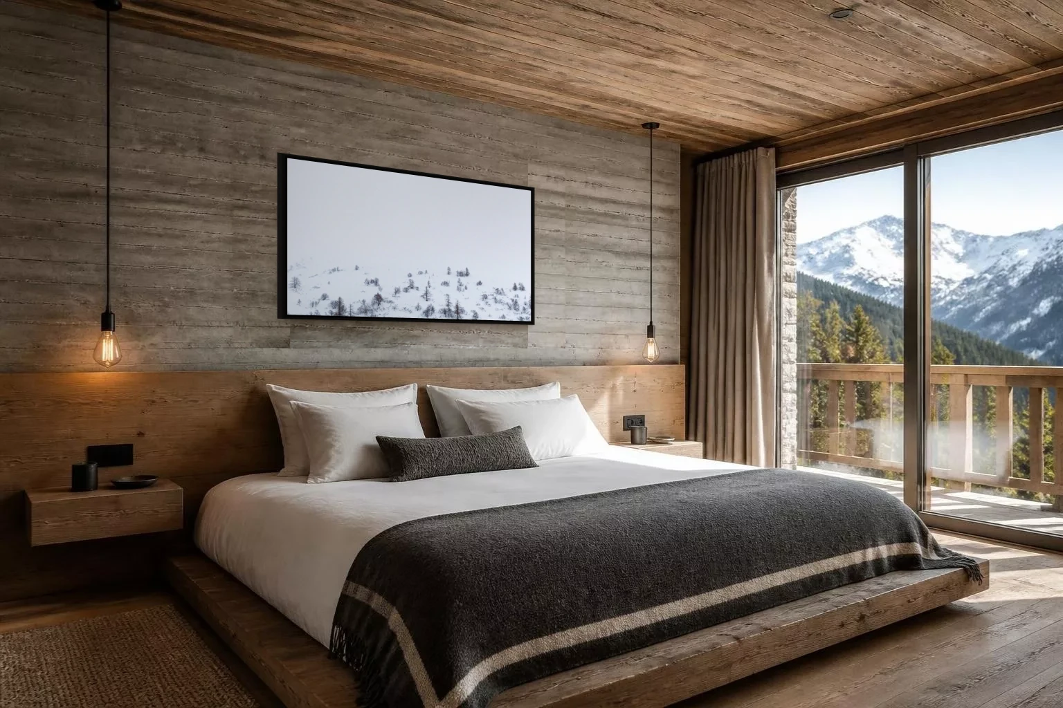 Chambre d’hôtel en bois et béton, tirage « Écrins » au-dessus du lit (simulation)